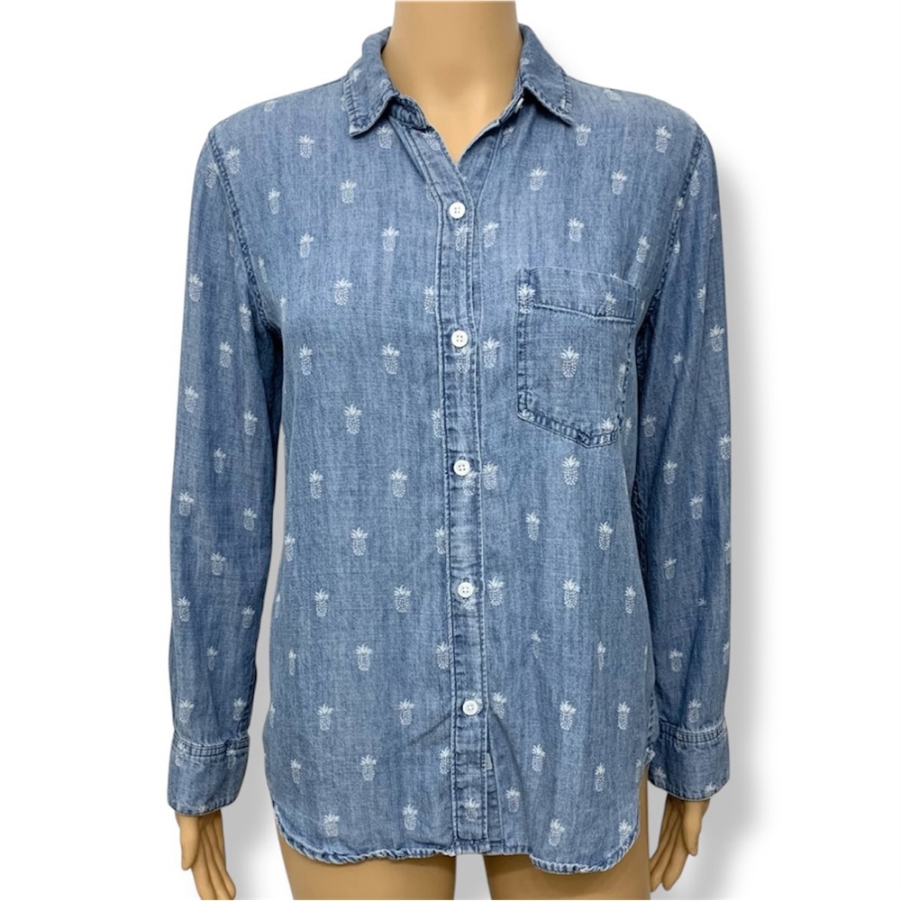 Rails Blue Chambray Denim Pineapple Print Long Sleeve Button-Down Shirt size XS
